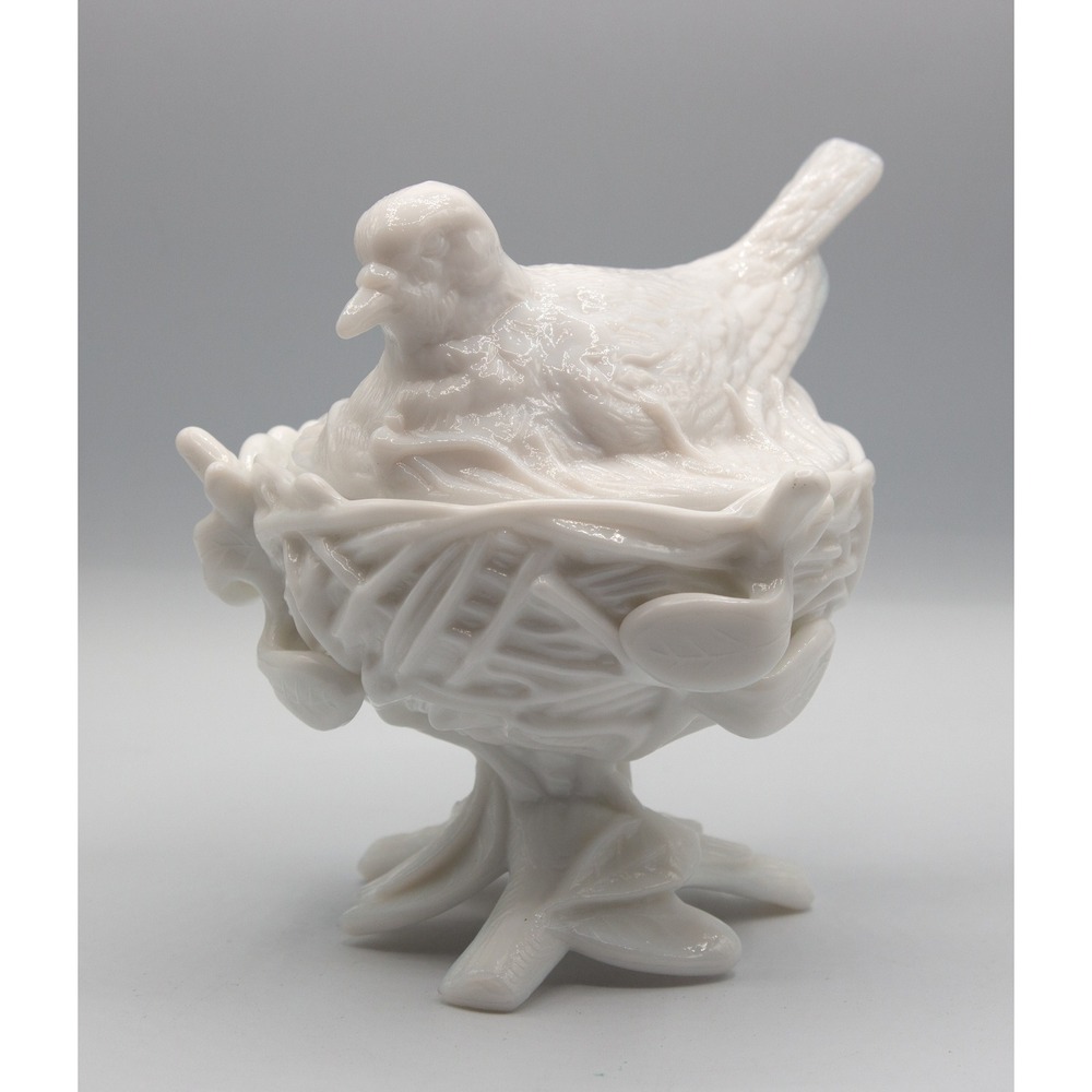Vintage White Milk Glass Bird on Nest Pedestal Covered Candy Dish Trinket Box